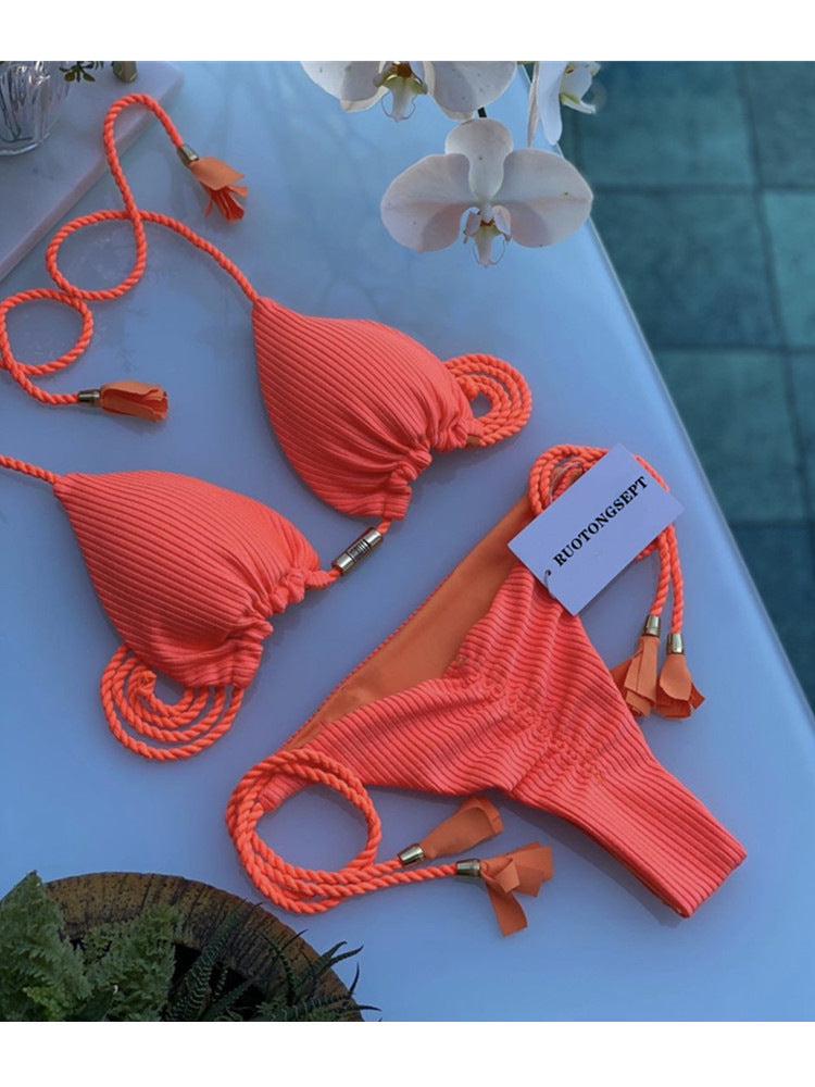 Damen Triangel-Bikini mit modischem Leopardenmuster und dekorativen Quasten