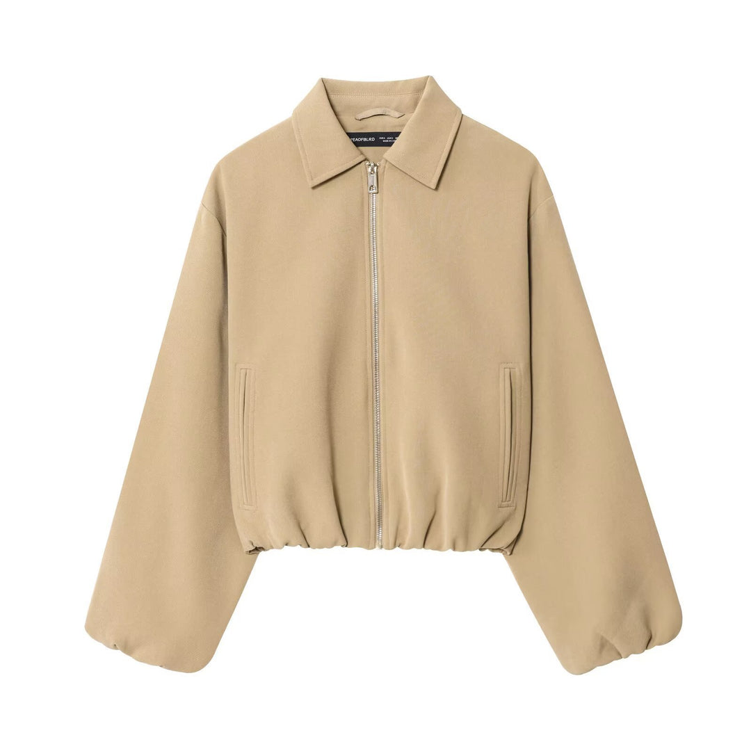 Damen Kurzjacke aus veganem Leder mit Kentkragen, durchgehendem Reißverschluss und gerafftem Saum Shop Nory