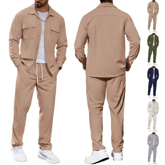 Herren nan lässiger Zweiteiler Hemdjacke mit aufgesetzten Brusttaschen und Kordelzughose