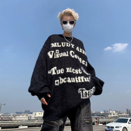 Damen Oversized Strickpullover mit grafischem Schriftzug Shop Nory