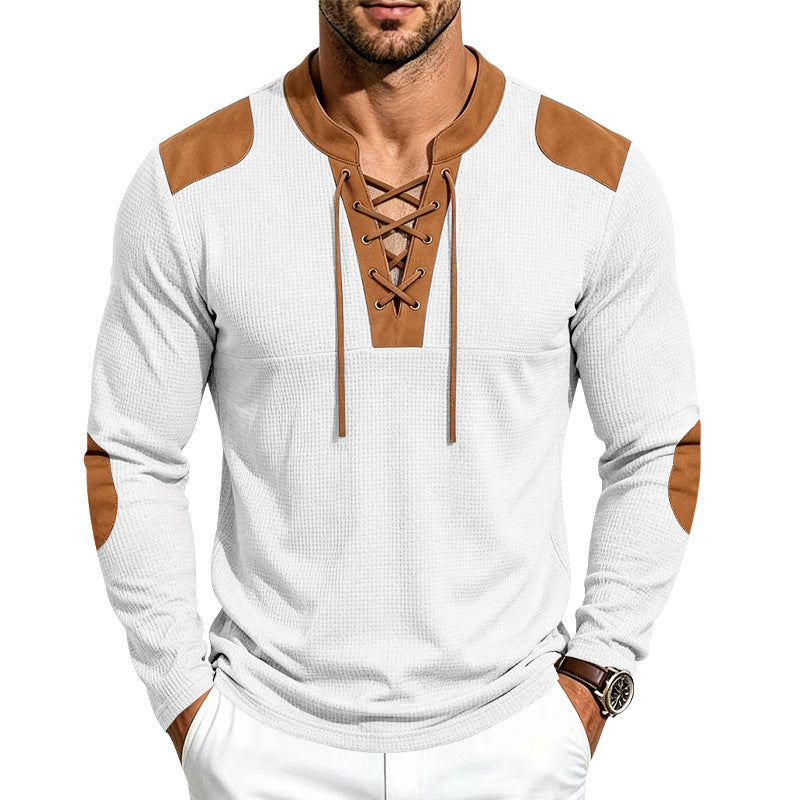 Herren Waffelstruktur-Henley mit Schnürkragen und Kunstleder-Patches Shop Nory