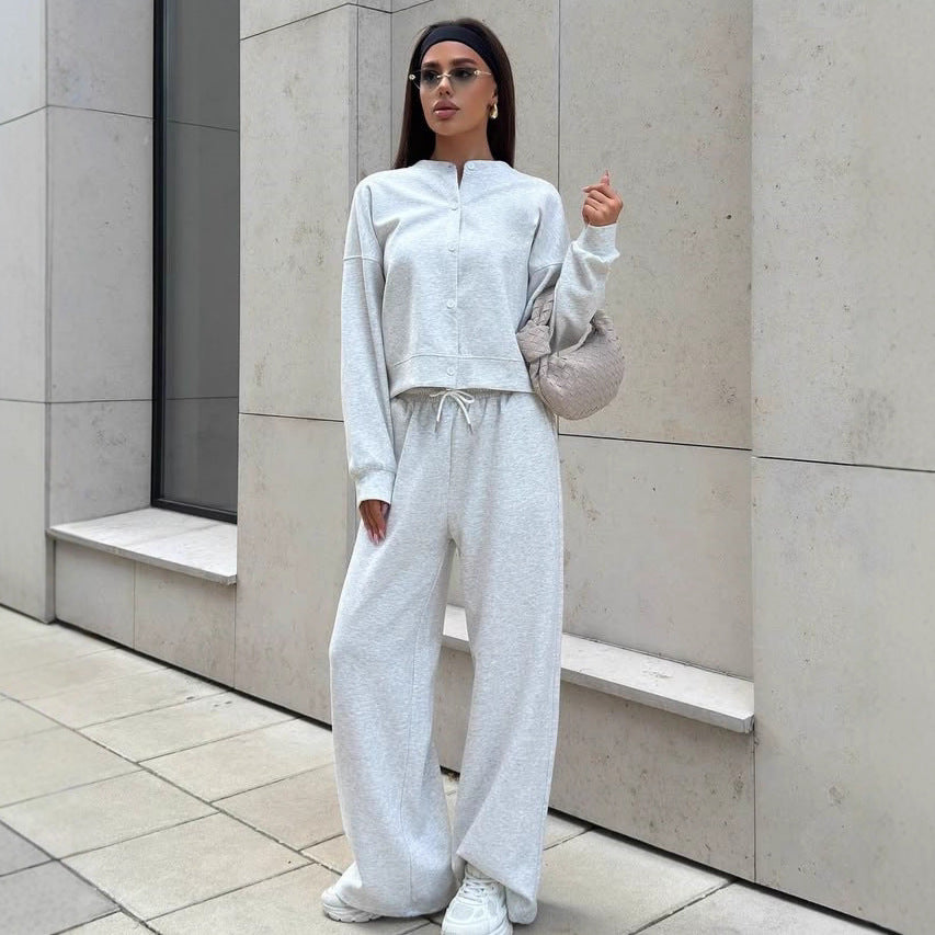 Damen Zweiteiliges Loungewear-Set mit verdeckter Druckknopf-Cardigan und weiten High-Waist Jogpants Shop Nory
