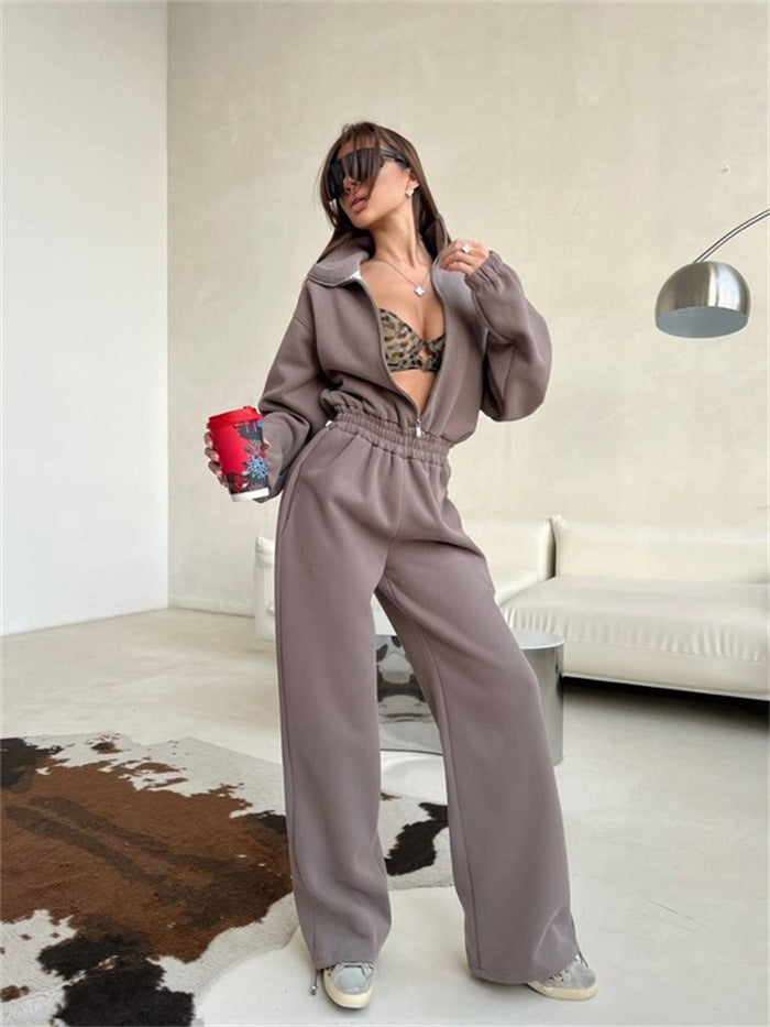 Damen Loungewear-Set mit halbem Reißverschluss, elastischem Taillenbund und weiter Jogginghose Shop Nory