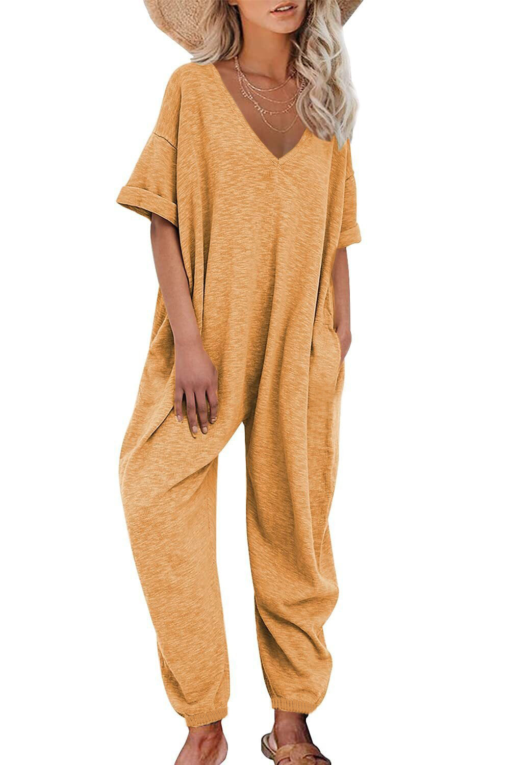 Damen Oversized Jumpsuit mit tiefem V-Ausschnitt und lässigen Taschen