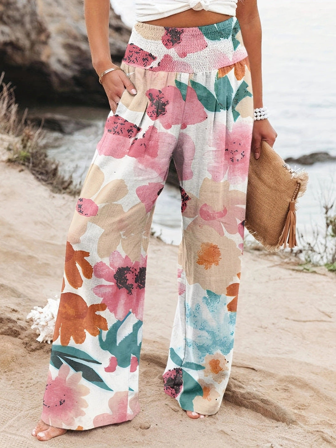 Damen Weit geschnittene Strandhose mit floralem Motiven und elastischem Bund
