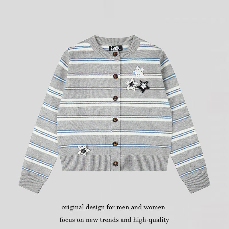 Damen Gestreifte Strick-Cardigan mit Knopfleiste und Stern-Applikationen Shop Nory