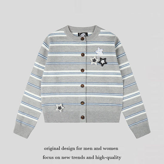Damen Gestreifte Strick-Cardigan mit Knopfleiste und Stern-Applikationen Shop Nory