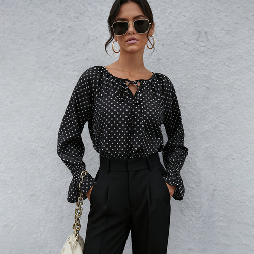 Damen Chiffonbluse mit Polka-Dots, BindShop Noryand-Ausschnitt und smockgesmokten Manschetten Shop Nory