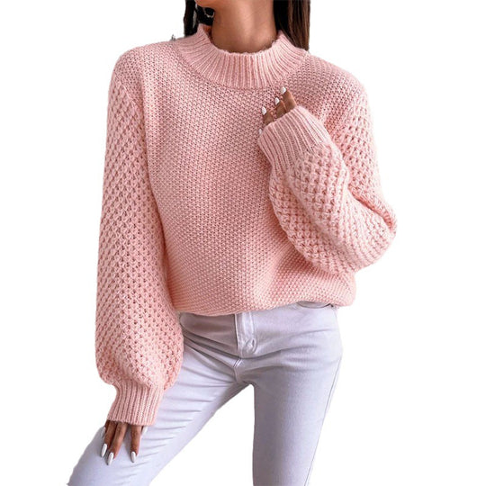 Damen Kurzgeschnitteter Grobstrick-Pullover mit Voluminösen Netzstruktur-Ärmeln und Stehkragen Shop Nory