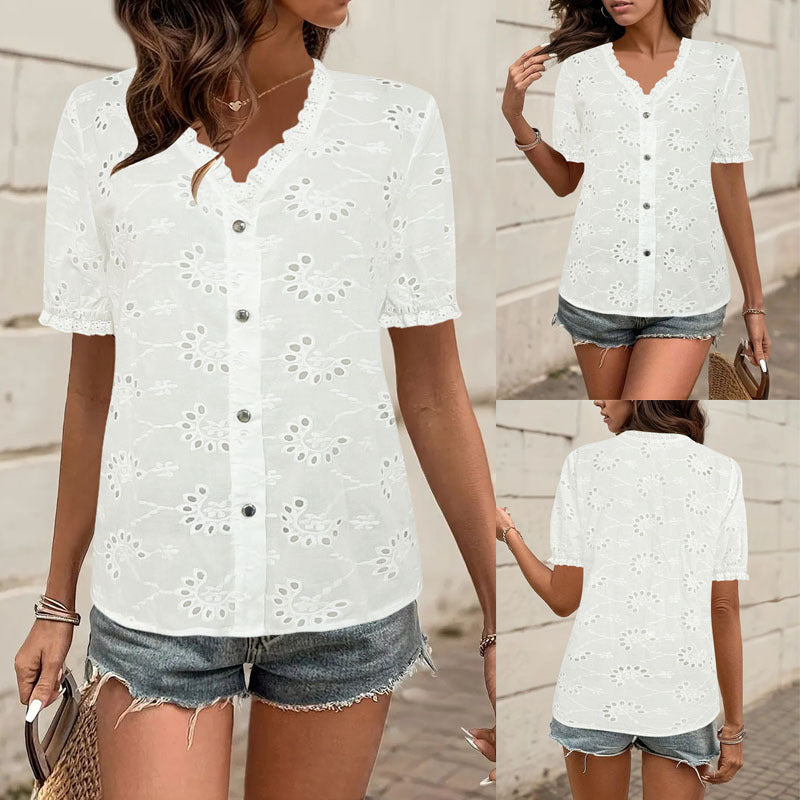 Damen luftiges Blusenshirt mit kunstvollen Lochmustern und Knopfdetails