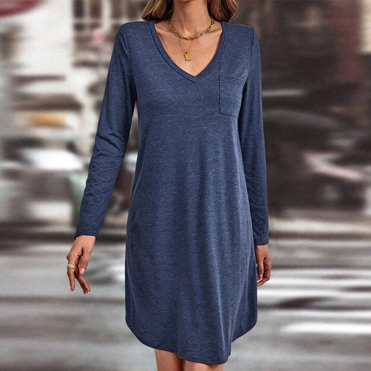 Damen lässiges Jersey-Kleid mit V-Ausschnitt Brusttasche und legerer A-Linie Shop Nory