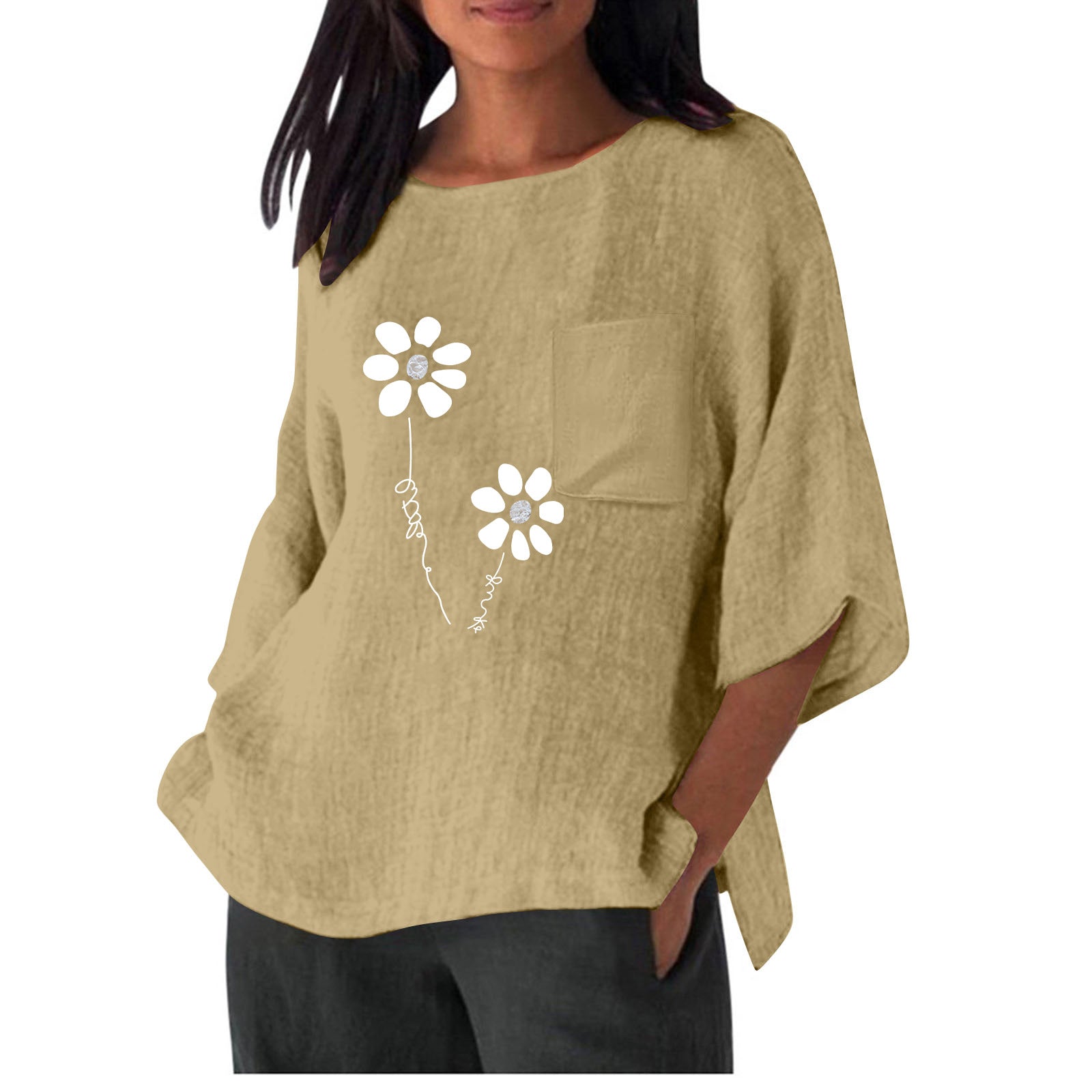 Damen lässiges Blusenshirt mit einzigartigem Blumenprint und praktischem Brusttaschen Shopnory