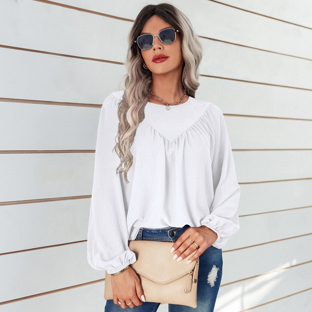 Damen Lässiges Viskose-Blusenshirt mit Rundhals und Ballonärmeln Shop Nory