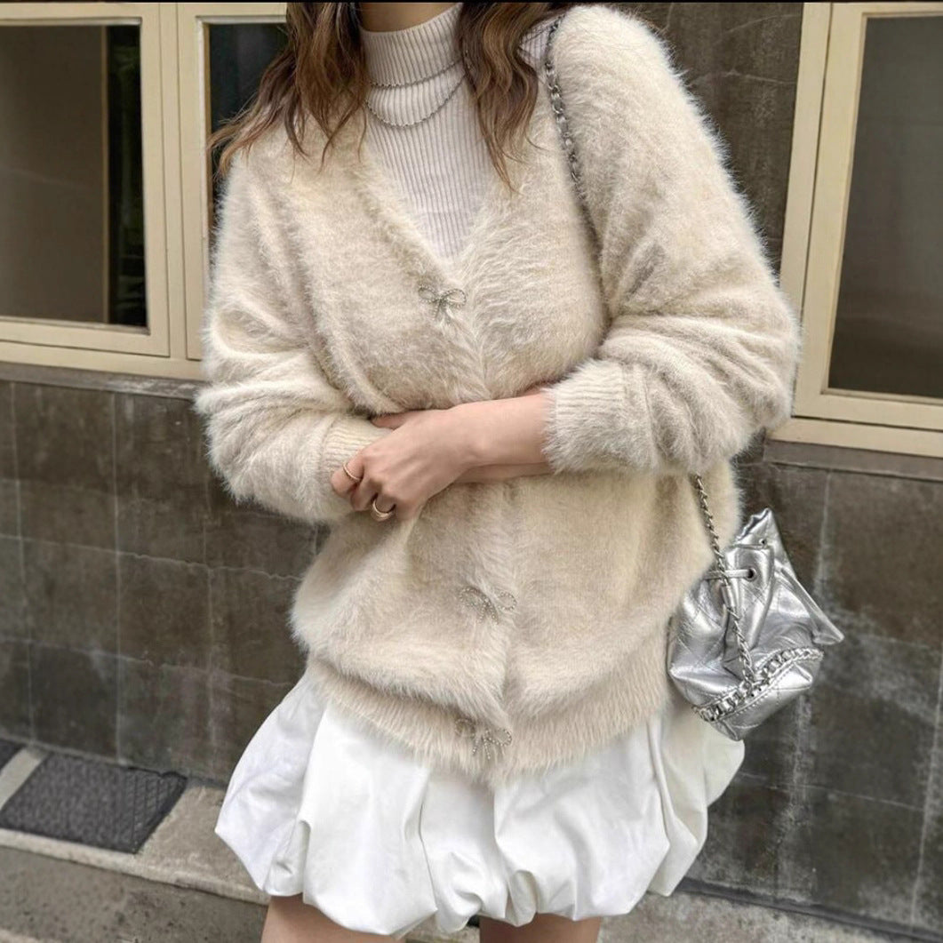 Damen Flauschiger Mohair‑Optik Cardigan mit dekorativen Schleifenverschlüssen Shop Nory