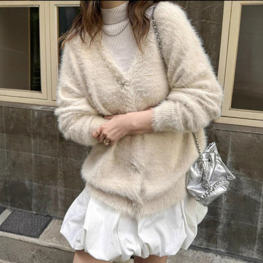 Damen Flauschiger Mohair‑Optik Cardigan mit dekorativen Schleifenverschlüssen Shop Nory