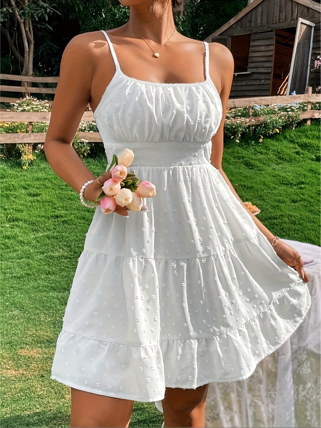 Damen Sommerkleid mit Rüschen und verstellbaren Spaghettiträgern