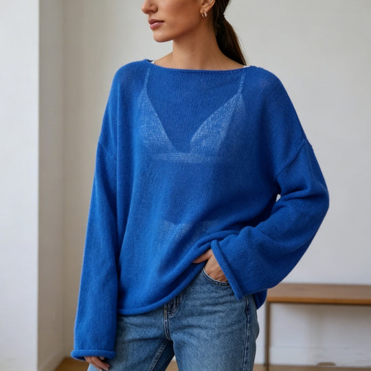 Damen luftiger Oversize-Feinstrickpullover mit weitem Arm und Rundhalsausschnitt Shop Nory