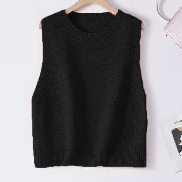 Damen Gestrickte Oversize-Ärmellose Weste mit Rundhalsausschnitt und Rippbündchen Shop Nory