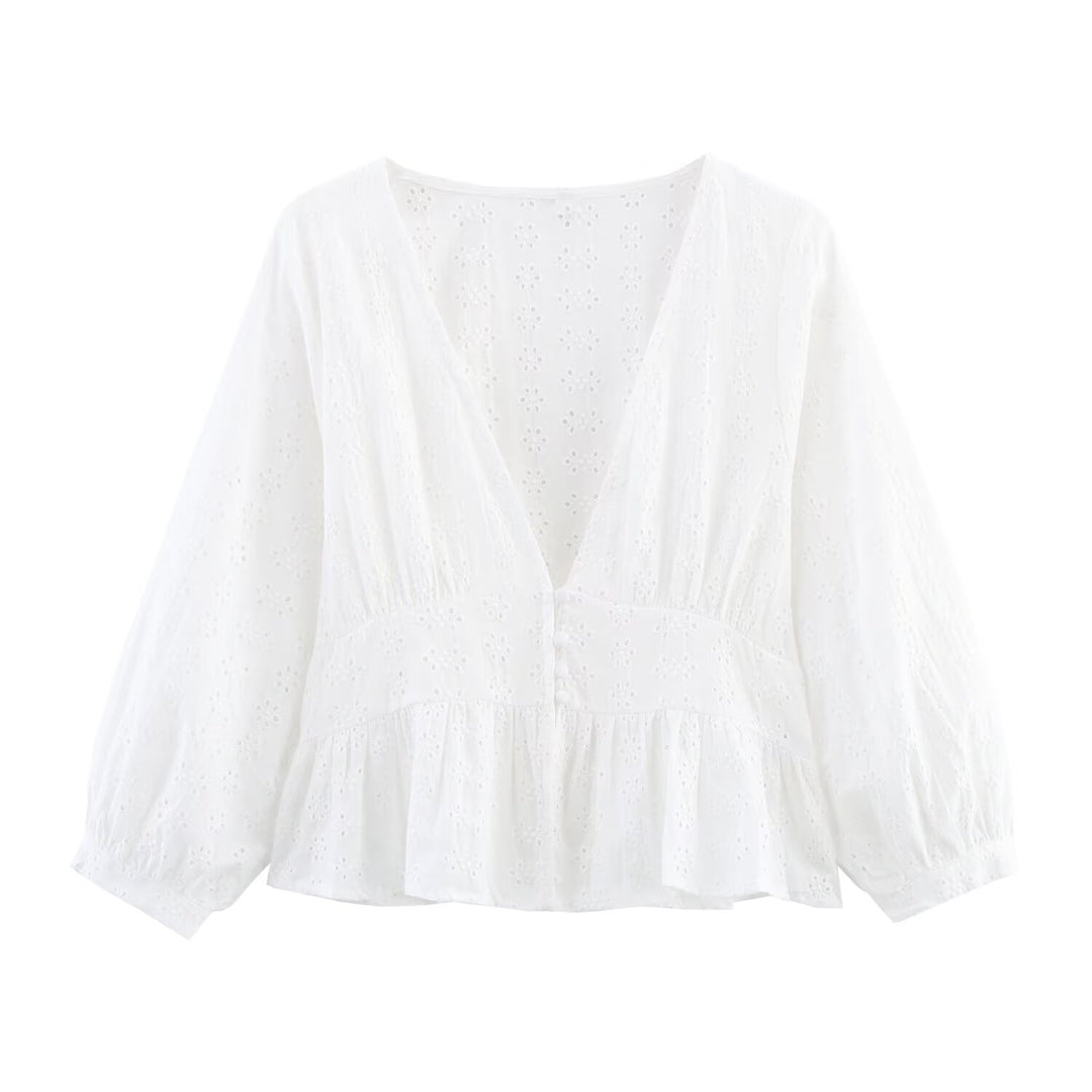Damen Weiche Broderie-Anglaise-Bluse mit tiefem V‑Ausschnitt, Taillennaht und Volant Shop Nory