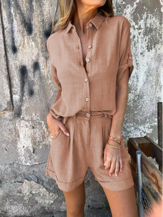 Damen Elegantes Kurzarm-Jumpsuit aus atmungsaktivem Stoff mit praktischen Taschen Shopnory