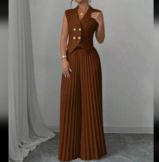 Damen Ärmelloses Weste-Blazer-Top mit Revers und plissierter Palazzo-Hose Zweiteiliges Abendset Shop Nory