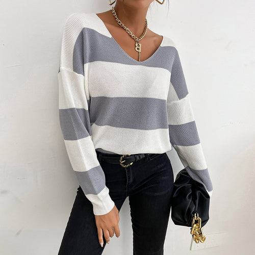 Damen Lässiger V-Ausschnitt Strickpullover mit breiten Streifen Shop Nory