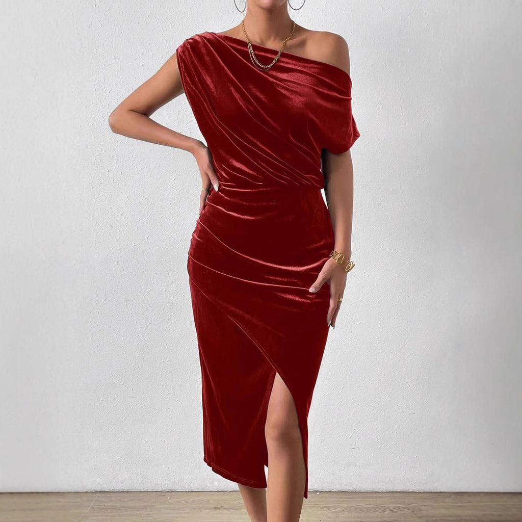 Damen Elegantes Schulterfreies Midikleid im Fließenden Design