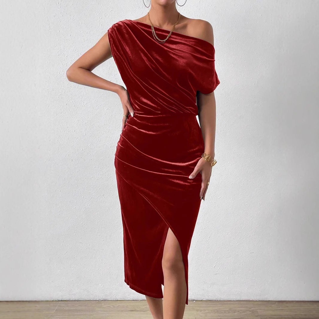 Damen Elegantes Schulterfreies Midikleid im Fließenden Design