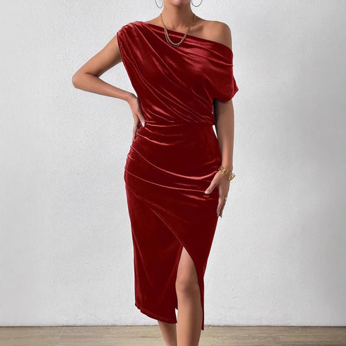 Damen Elegantes Schulterfreies Midikleid im Fließenden Design