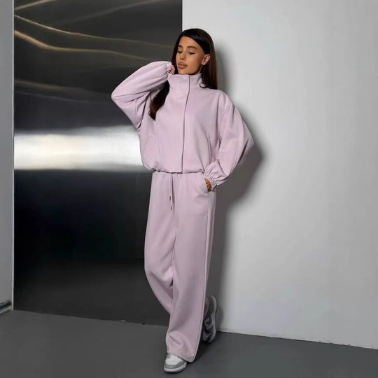 Damen gekürztes Reißverschluss-Hoodie mit Stehkragen und hochgeschnittener Kordel-Jogginghose Shop Nory