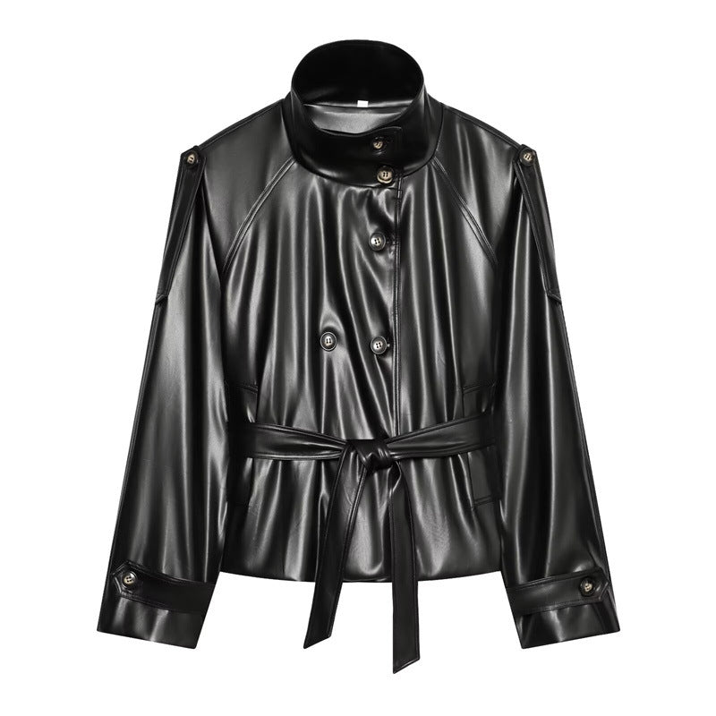 Damen taillierte Kunstlederjacke mit Stehkragen, Bindegürtel und doppelreihiger Knopfleiste Shop Nory