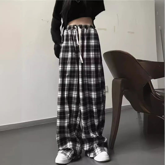 Damen weite Karohose mit Gummizug und anpassbarem Kordelzug
