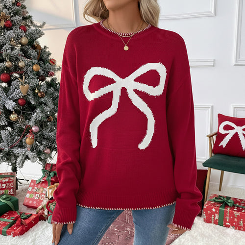 Damen Weihnachtlicher Oversize-Strickpullover mit Schleifenmotiv und gerippten Bündchen Shop Nory