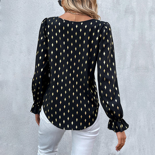 Damen Satinbluse mit Rautendruck, U-Boot-Ausschnitt und gerafften Manschetten Shop Nory