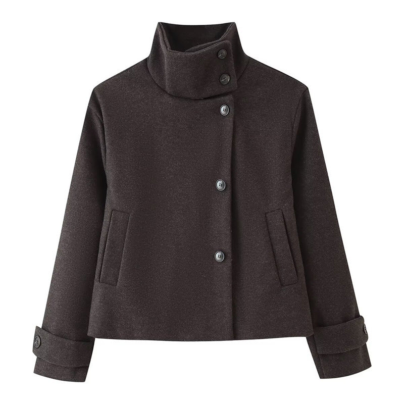 Damen kurze Boxy-Wolljacke mit Stehkragen und Manschetten Shop Nory