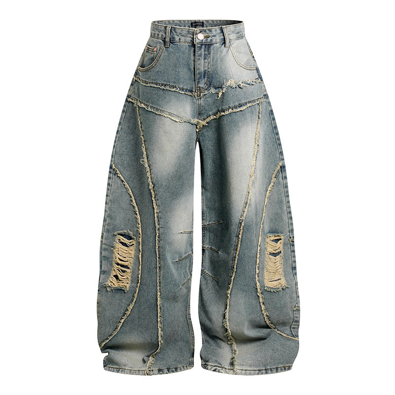 Damen Hochtaillierte weit geschnittene Destroy-Jeans mit Fransen‑Nahtdetails Shop Nory