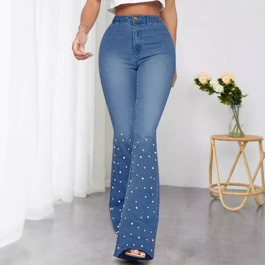 Damen Jeans-Schlaghose mit hoher Taille und Perlenapplikation Shop Nory