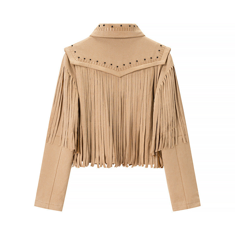 Damen Kurze Fransen-Suedejacke im Westernstil mit Nietenbesatz und Frontreißverschluss Shop Nory