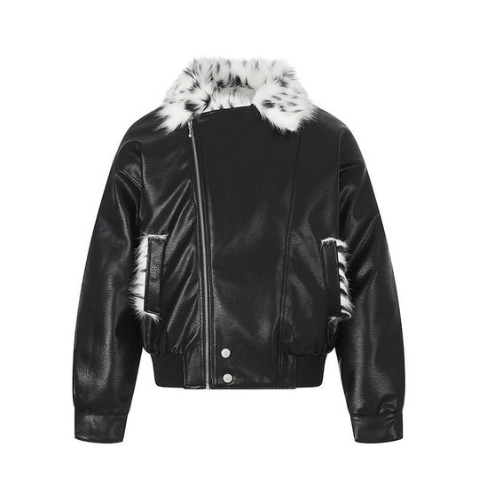 Damen Kunstleder-Bomberjacke mit asymmetrischem Reißverschluss und kontrastierendem Faux-Fur-Kragen Shop Nory