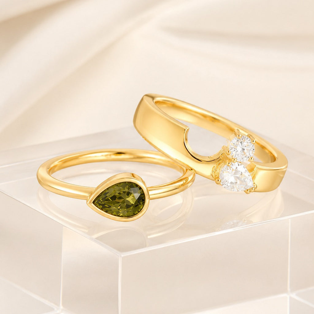 Birnenförmiger Edelstein Stapelring-Set mit Pavé-Akzenten