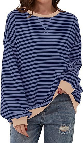 Damen Lässiges Oversize-Streifen-Sweatshirt mit Raglanärmeln und Kontrastbündchen Shop Nory
