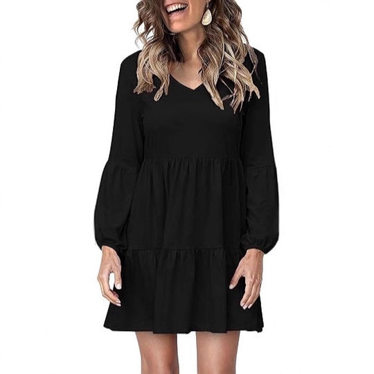 Damen Stufiges Mini-Kleid mit V-Ausschnitt und Ballonärmeln Shop Nory