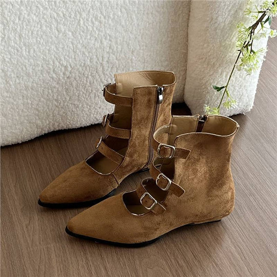 Damen spitz zulaufende Ankle-Boots mit Veloursoptik, vier verstellbaren Riemchen und niedrigem Absatz Shop Nory