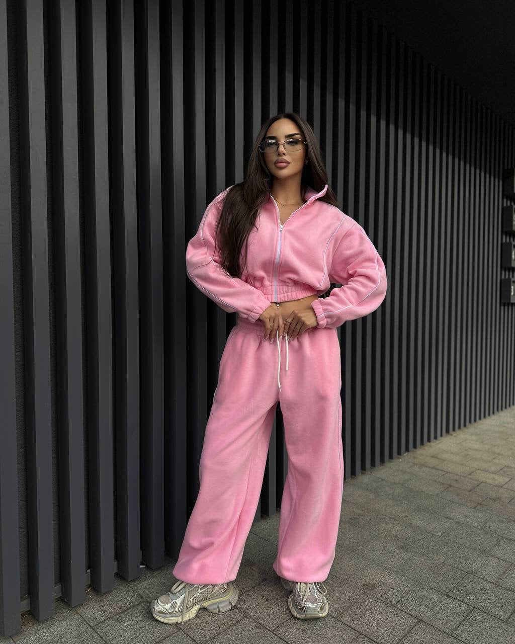 Damen Gekürztes Zip-Fleece-Set mit tailliertem Kordelbund und weitem Hosenbein Shop Nory