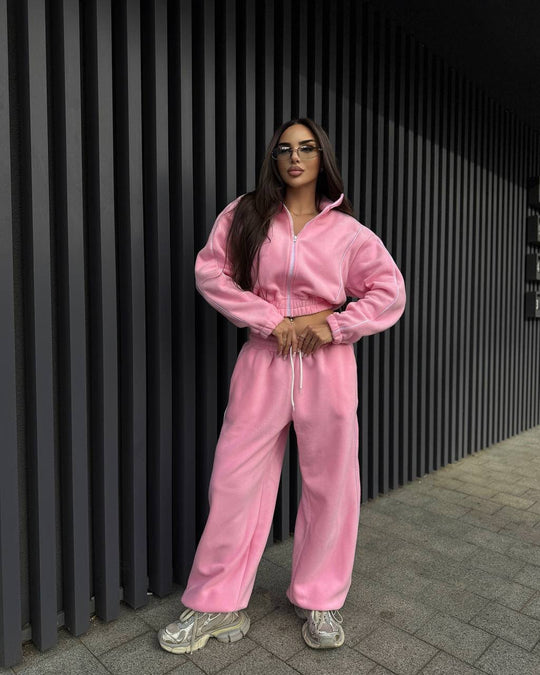 Damen Gekürztes Zip-Fleece-Set mit tailliertem Kordelbund und weitem Hosenbein Shop Nory