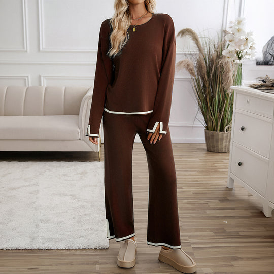 Damen nan entspanntes Lounge-Set mit weichem Rundhalsausschnitt, Kontrastpaspel und weiter Palazzohose Shop Nory