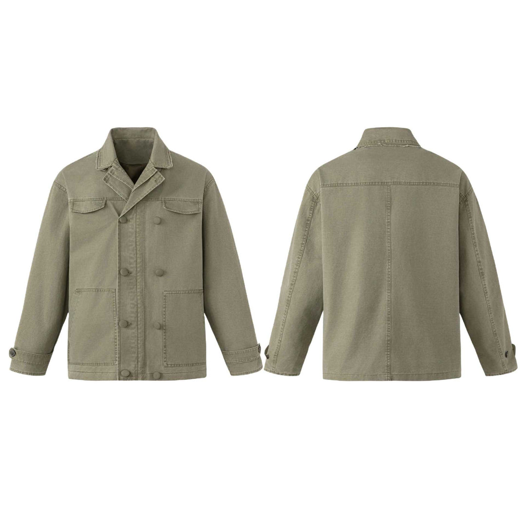 Unisex Robuste Canvas-Workwear‑Blouson mit doppelter Knopfreihe, aufgesetzten Fronttaschen und verstärkten Ärmeln Shop Nory