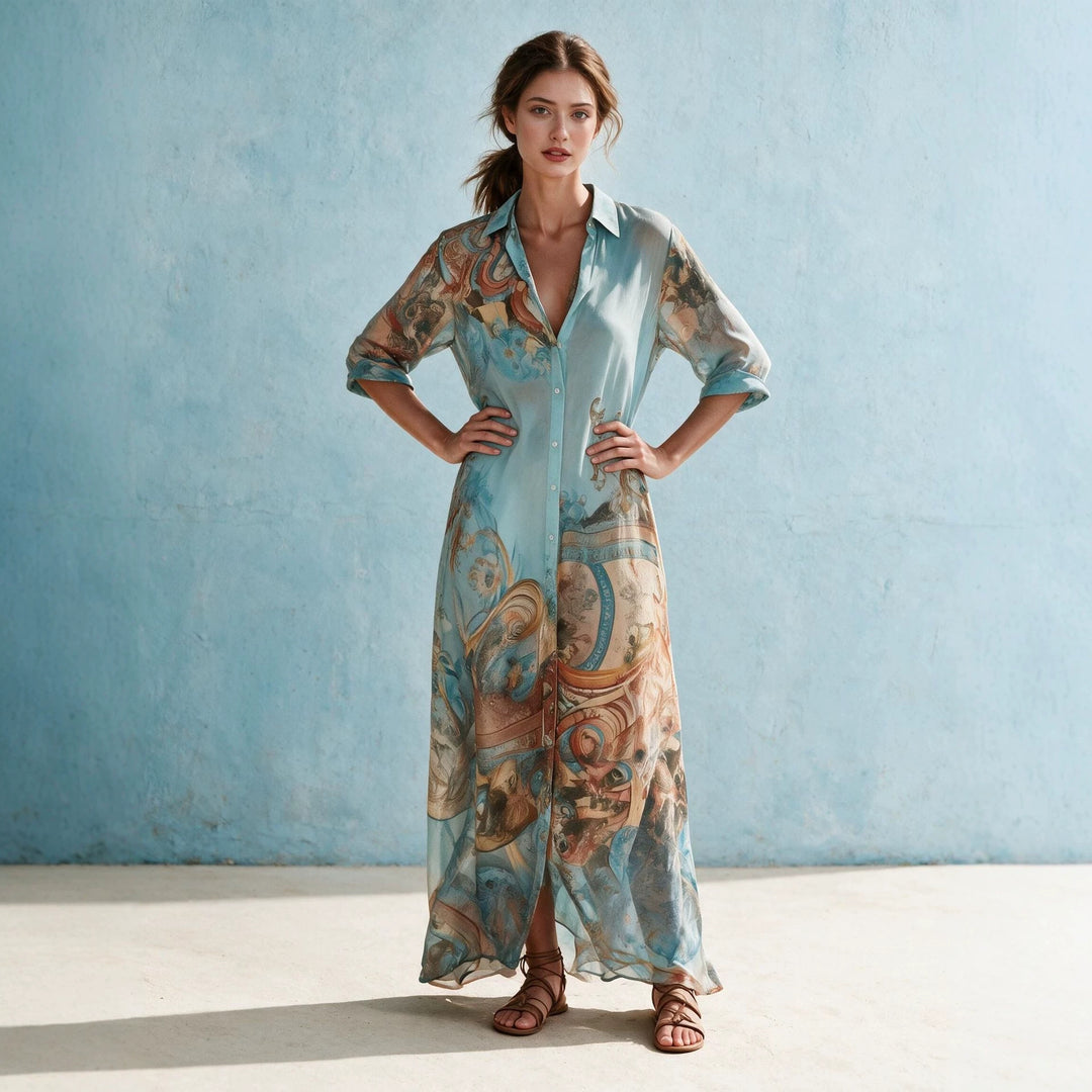 Damen Hemdblusenkleid Maxikleid in fließender Seidenoptik mit kunstvollem Allover-Print und 3/4-Ärmeln Shop Nory