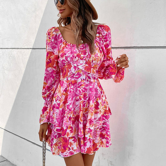 Damen Florales Rüschiges Skaterkleid mit Carmen-Ausschnitt, Taillennaht & Volantstufen Shop Nory