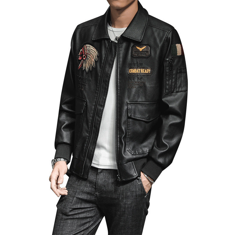 Herren Bomberjacke im Piloten-Look aus Lederimitat mit aufgesetzten Patches und Multifunktions-Taschen Shop Nory